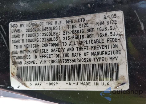 2005 Honda Cr-V Lx из США, поврежденный, VIN SHSRD78535U340524